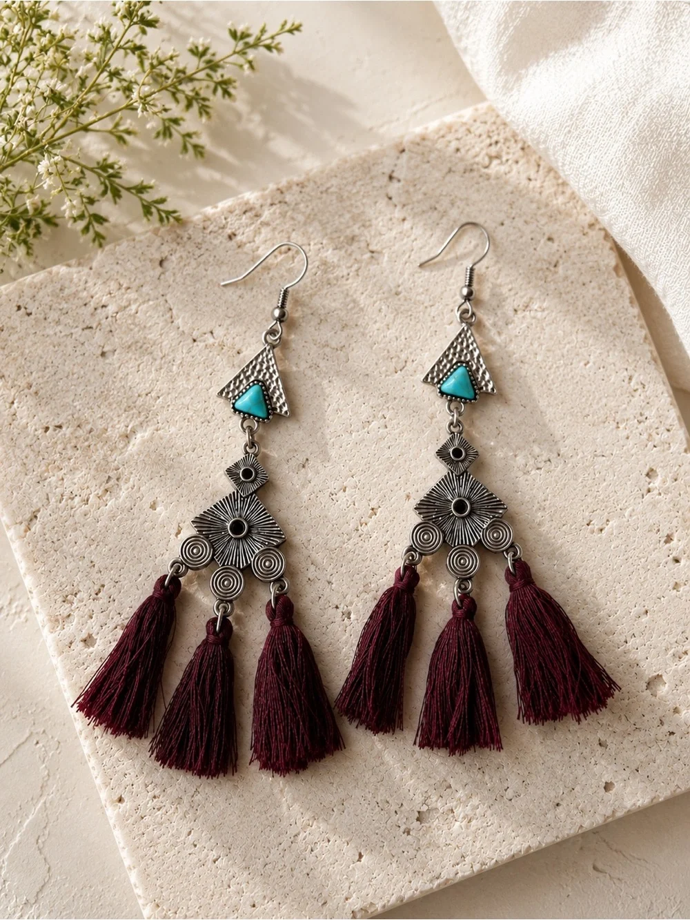 Burgundy Tassel Drop Earrings with Turquoise Accent - Picture 2 of 2